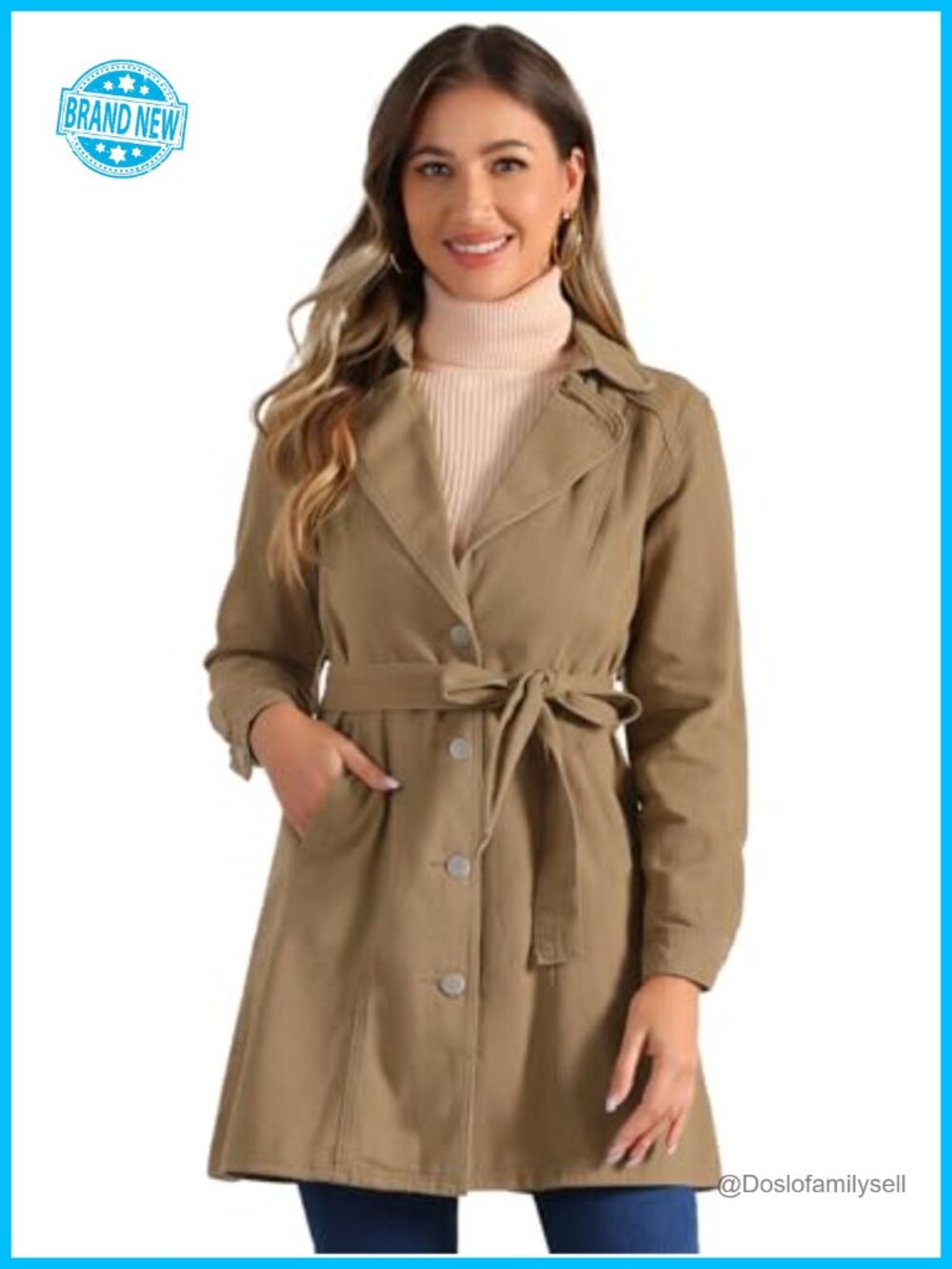 Denim Trench Jacket Long Sleeve Notched Lapel Button Down Belted Women's